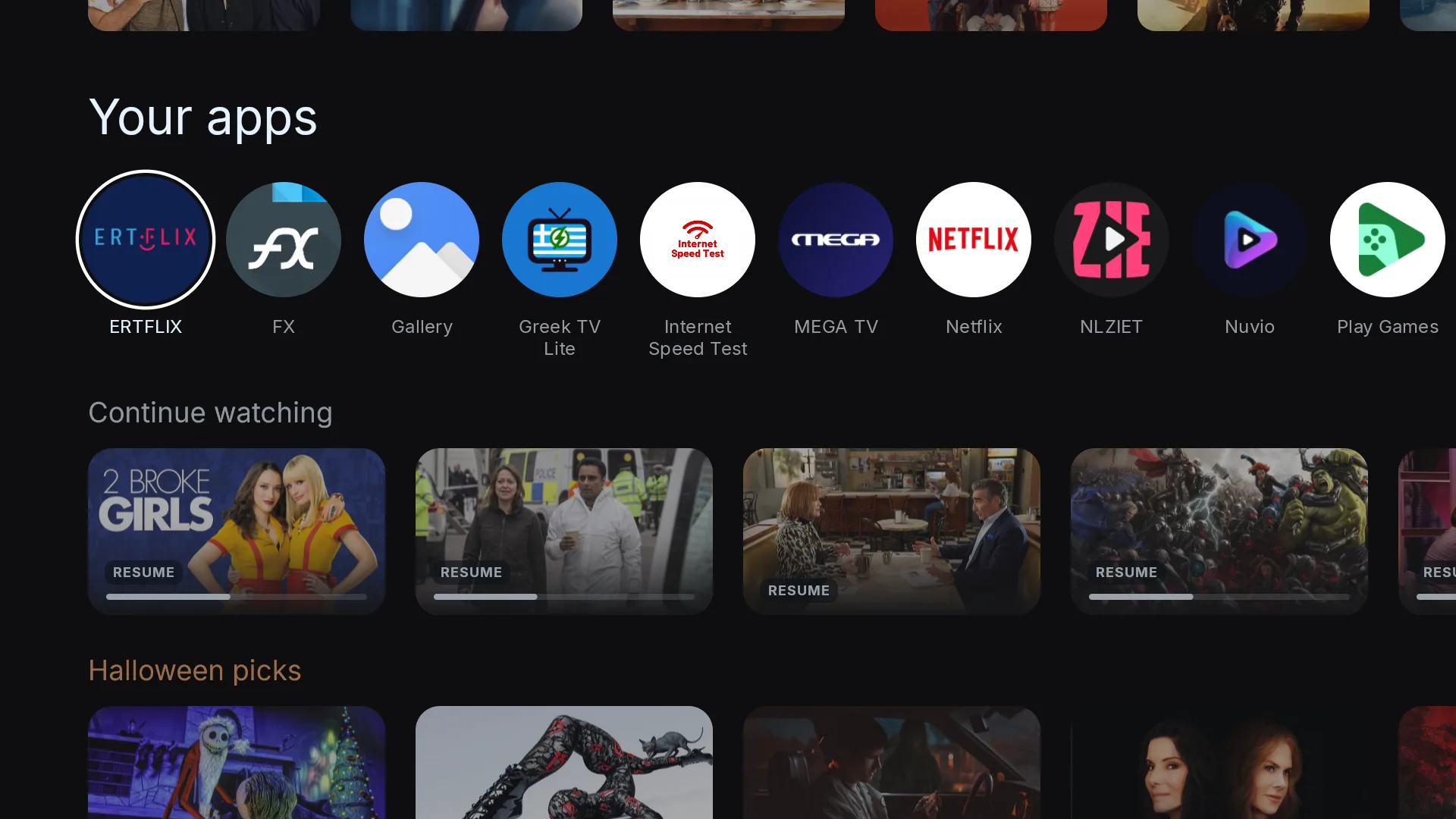 Your apps, Continue watching and Halloween picks rows